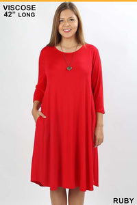 3/4 Sleeve Dress- Ruby