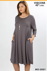 3/4 Sleeve Dress- Mid Gray